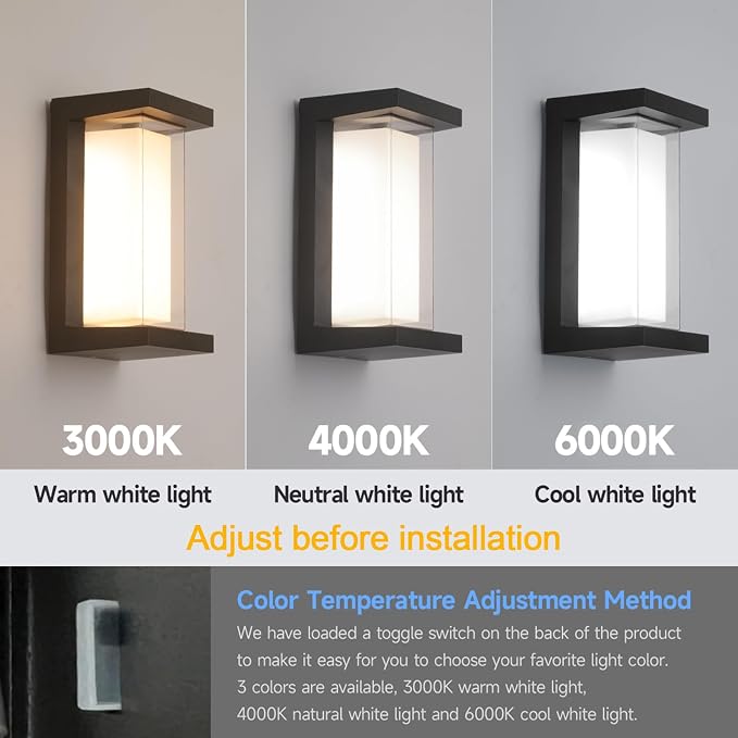 2 Pack 24W Outdoor Wall Lights Exterior/Interior LED 3-Color Adjustable 2100LM - Image 6