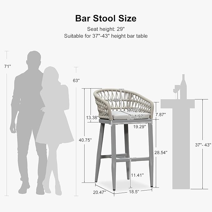 PURPLE LEAF Outdoor Rattan 29" Bar Stools Set of 2, Modern Boho Aluminum Patio - Image 2