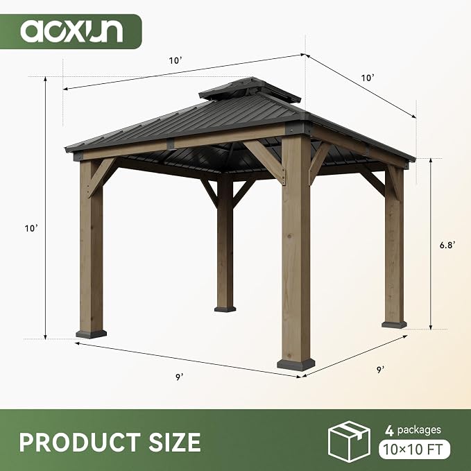 Aoxun 10' x 10' Outdoor Wood Gazebo, Hardtop Gazebo Permanent Wooden Pavilion - Image 7