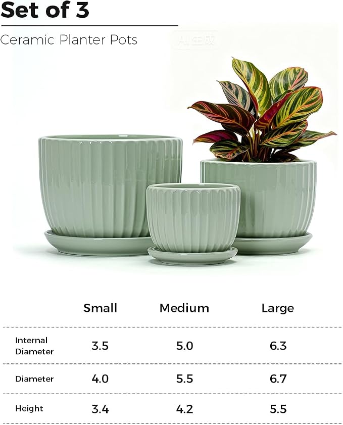 Ton Sin Flower Pots, Light Green Ceramic Plant Pots Set of 3, Small Glazed - Image 3