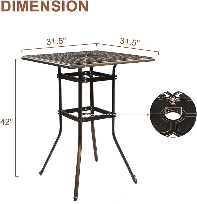 VINGLI Cast Aluminum Patio Bar Table, Pub Height Bistro Square Table - Image 3