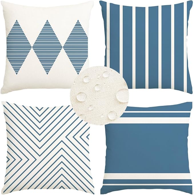 RABUSOFA Outdoor Pillows Waterproof, 18x18 inch Blue and White Boho Set of 4 by RABUSOFA