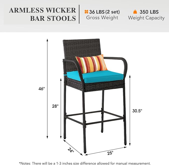 Sundale Outdoor Wicker Bar Stool Set of 2, Patio Counter Height Pub Chair - Image 3