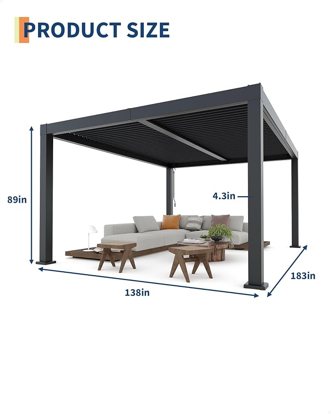 Garveelife All-Aluminum Louvered Pergola 12 ft x 16 ft, Outdoor Pergola - Image 7