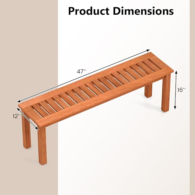 Tangkula 47 Inch Patio Wood Bench, 2-Person Backless Bench w/Slatted Seat - Image 3