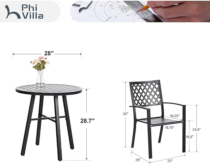 PHI VILLA 3 Piece Outdoor Bistro Dining Set, Metal Steel Round Table & Stacking - Image 7