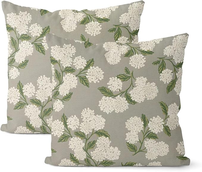 Grey Spring Pillow Covers 16x16 Inch 2 Pcs Gray Green Hydrangea Flower Decor by DAFENA