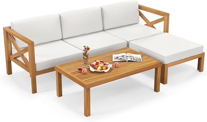 Tangkula 5 Piece Outdoor Conversation Furniture Set, Acacia Wood Sectional Sofa by TANGKULA