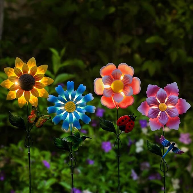 4 Pack Outdoor Solar Lights, Outdoor Waterproof Metal Art Stick Flowers - Image 4