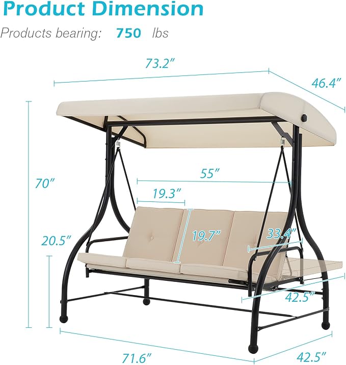 AECOJOY Porch Swing Chair, 3 Seats Porch Swing Adjustable Canopy Outdoor Swing - Image 5