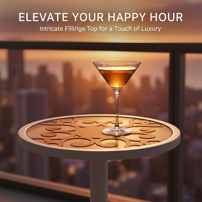 White Drink Table with Amber Tempered Glass Top, Indoor Outdoor Small Round - Image 3