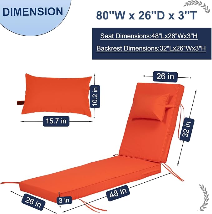 Outdoor Chaise Lounge Cushions Set of 2, Waterproof Fade Resistant Patio - Image 4