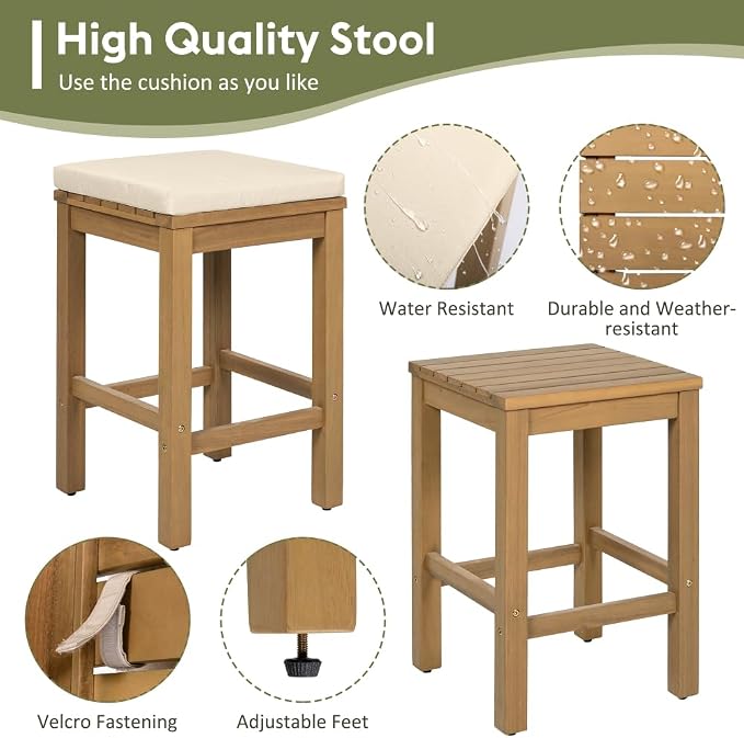 5 Piece Outdoor Bar Set, Patio Acacia Wood Bar Height Table & Four Stools - Image 4