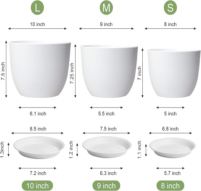 10/9/8 inch Medium Flower Pots, 3 Pack Modern Decorative Plastic Planters - Image 3