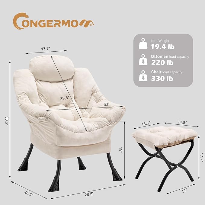 Lazy Chair with Folding Ottoman, Leisure Sofa Chair, Soft Fabric Armchair with - Image 3