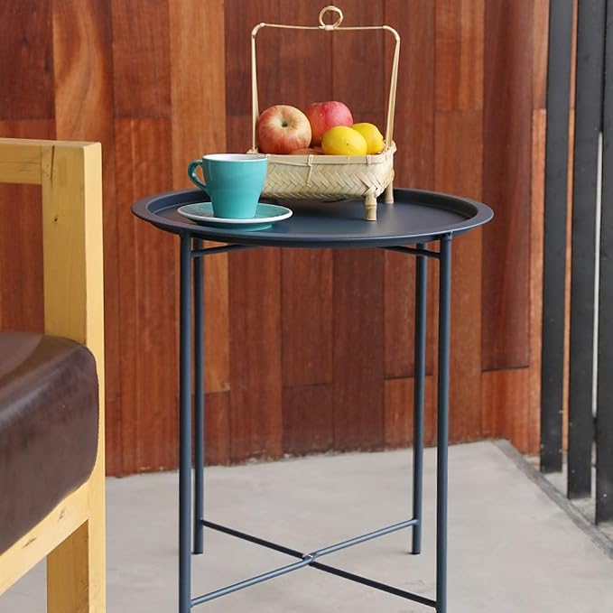VECELO Side/End Table, Folding Round Metal Anti-Rust and Waterproof Outdoor or - Image 6