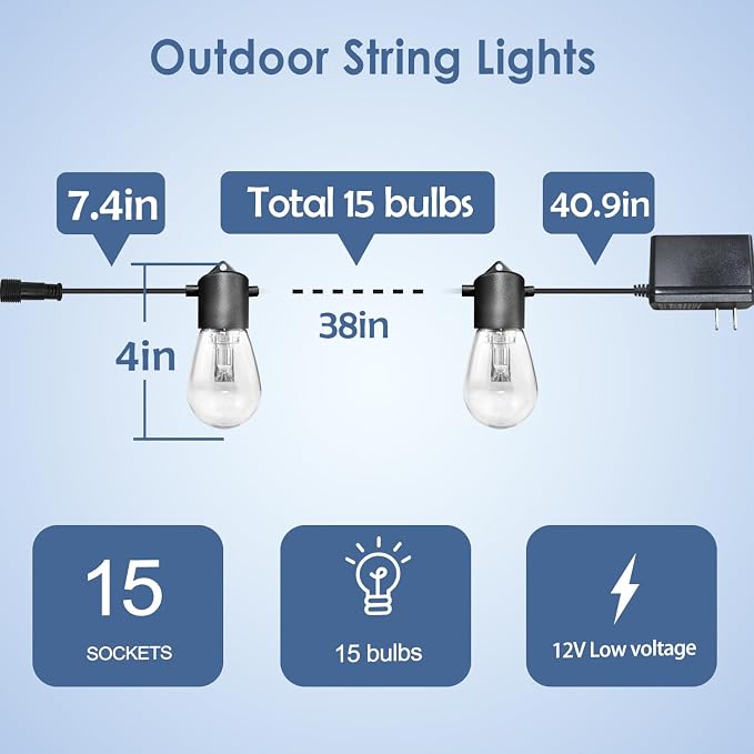 GANA 12V Low Voltage & Safe LED Outdoor String Lights, 48FT 15 Shatterproof - Image 2