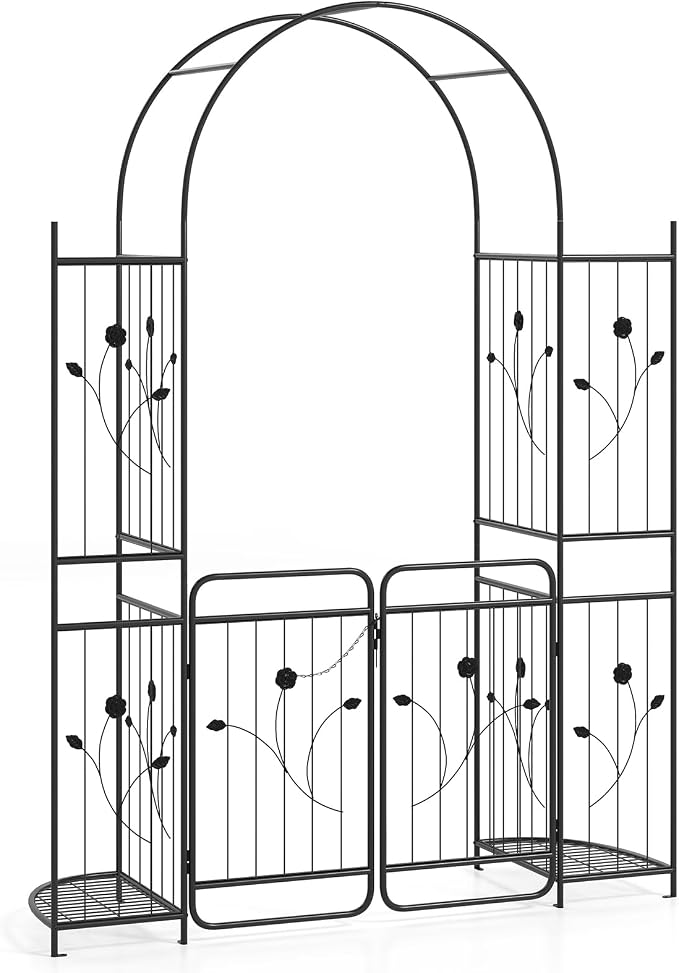 IRONMAX 87" Garden Arch with Gate & Planter Shelves, Heavy Duty Metal Arbor - Image 9