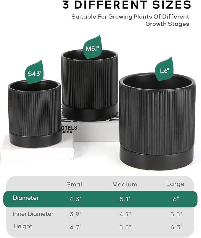LaDoVita 3 Pack Ceramic Plant Pots 6/5/4 inch, Flowerpot - Image 2
