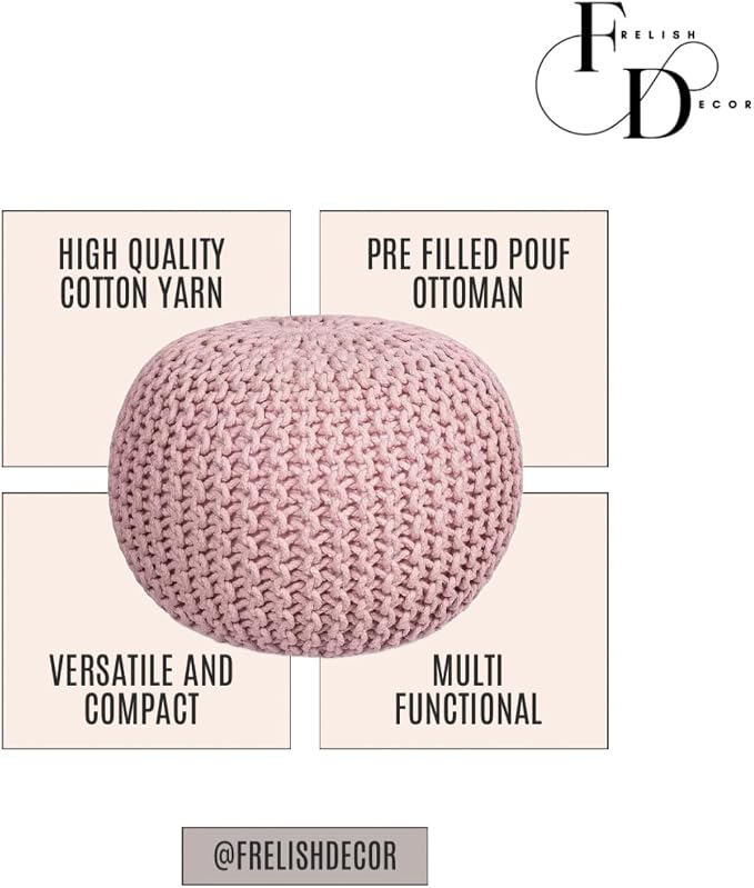 FRELISH DECOR Round Pouf Ottoman Hand Knitted 100% Cotton Pouf Foot Stool - Image 4