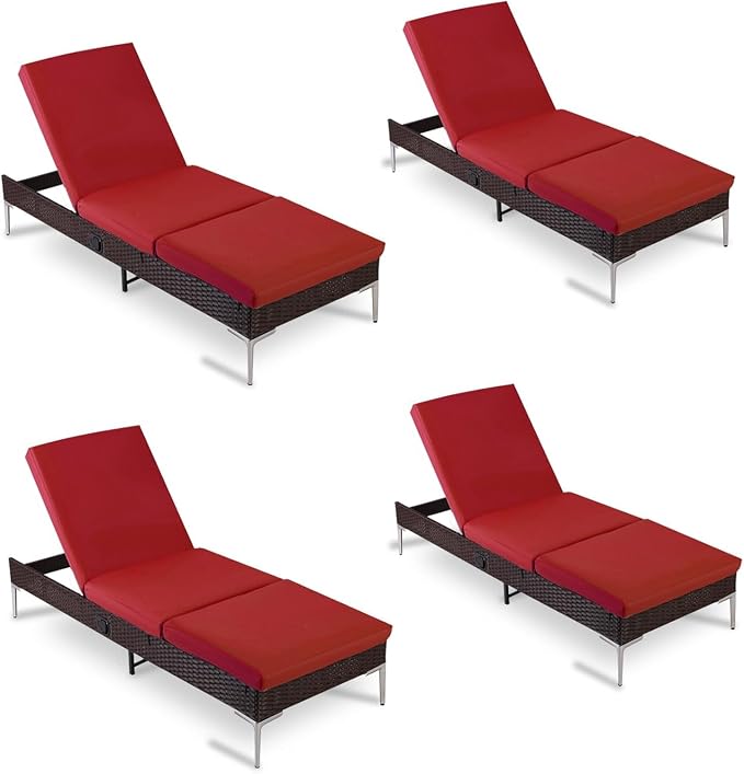 HOMREST Outdoor Lounge Chairs Set of 4, Patio Wicker Chaise Lounge by HOMREST