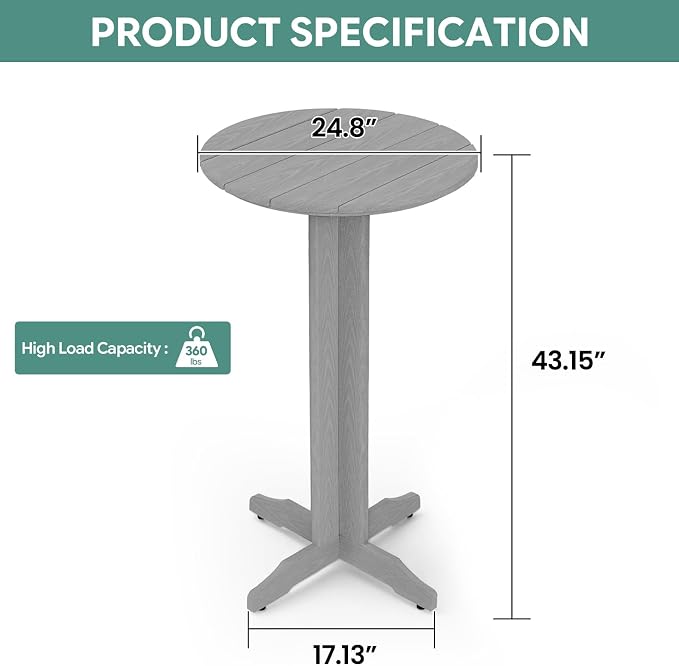 3-Piece Outdoor Bar Table Set, HDPE Patio Dining Set, 1 Round Bar Table & 2 Bar - Image 8