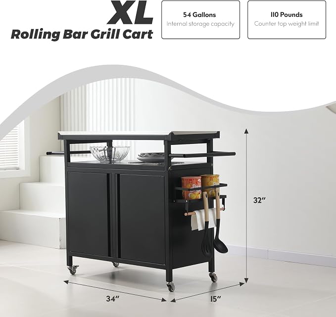 Nexaio XL Rolling Bar Grill Cart Outdoor Patio Furniture, Outdoor Grill Table - Image 3