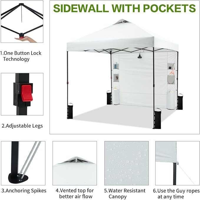 8'x8' Pop Up Canopy Tent with 1 Sidewall and 6 Pockets, One Push Setup - Image 2