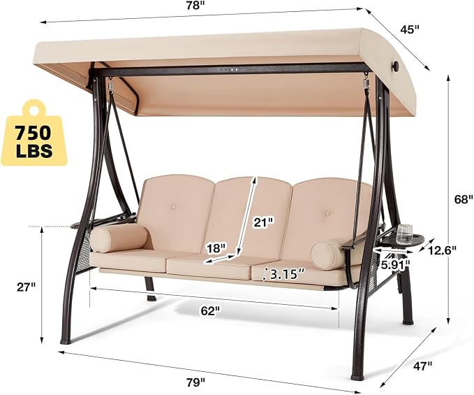 HOMREST 3 Person Outdoor Porch Swing - Image 2