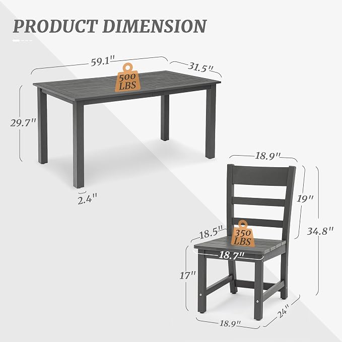 Outdoor Dining Set for 6, HDPS Outdoor Patio Dining Table and Chairs, All - Image 2
