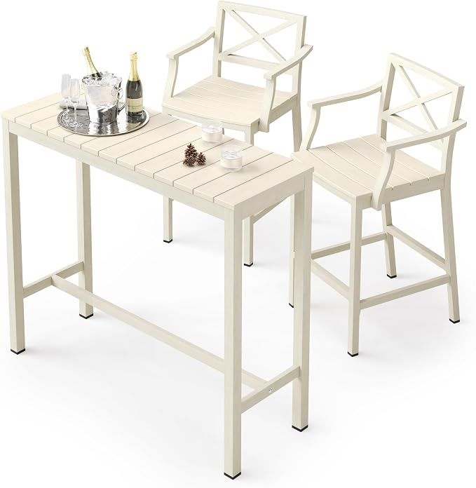 Outdoor Bar Height Table and Chairs Set, 3 Piece Patio Pub Bar Set by COZYMAN