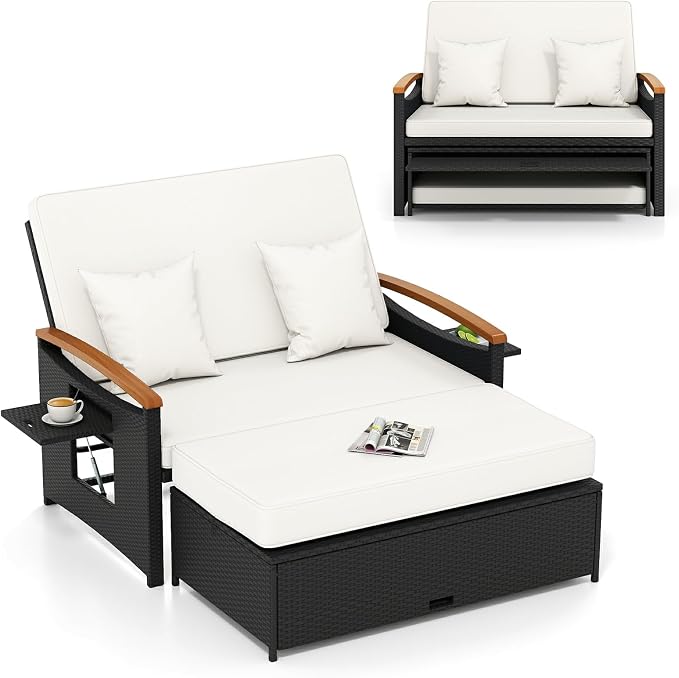 Moccha Outdoor Wicker Daybed, Patio Rattan Loveseat Sofa w/ 4-Level Adjustable by LDAILY