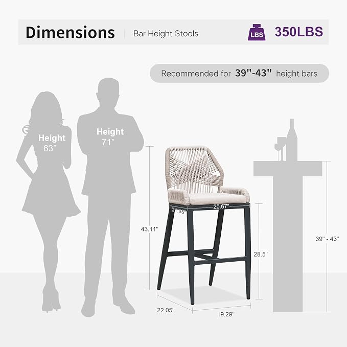 PURPLE LEAF Bar Stool 1 Piece Outdoor Bar Height Metal Stool Modern Wicker - Image 3