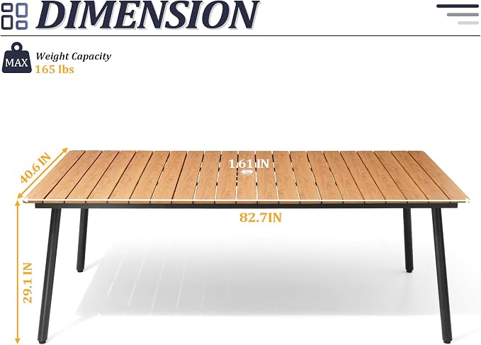 83" Patio Outdoor Dining Table for 6-8, Weather-Resistant Wood-Grain Top - Image 3