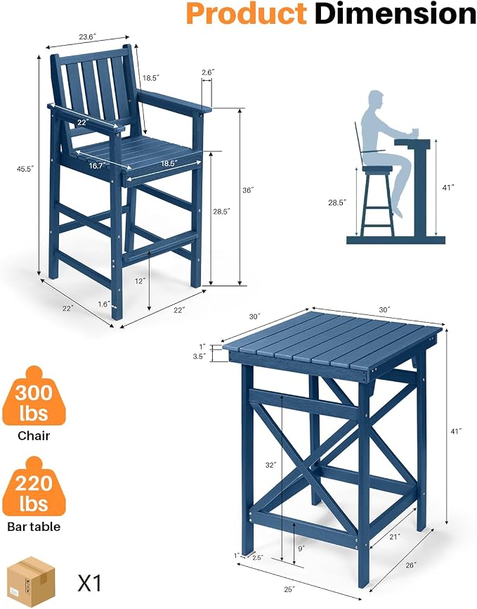 3-Piece Adirondack Chairs and Table Set, HDPE Outdoor Bar Sets, All Weather - Image 4
