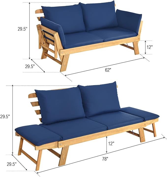 Tangkula Acacia Wood Patio Convertible Couch Sofa Bed - Image 3