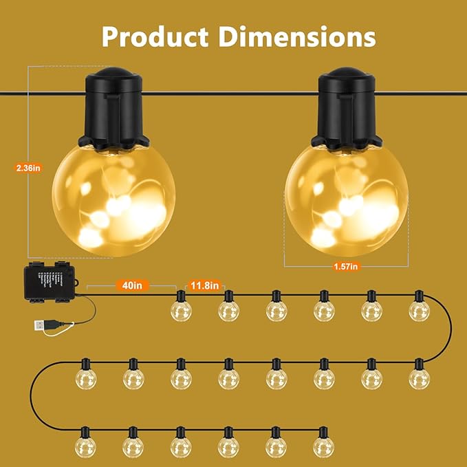 Outdoor String Lights Battery Powered, 22ft 20 LED Bulbs Hanging Patio Lights - Image 6