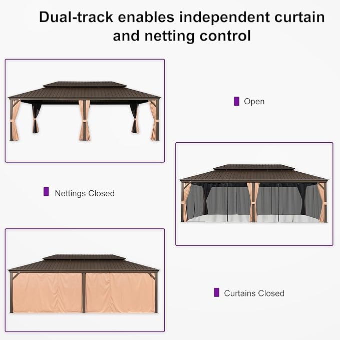 PURPLE LEAF 12' X 24' Hardtop Gazebo Patio Wide Aluminum Frame Metal Double Roof - Image 2