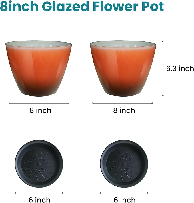 2 Pack Plastic Plant Pots with Drainage Holes, 8 inch Planter - Image 2