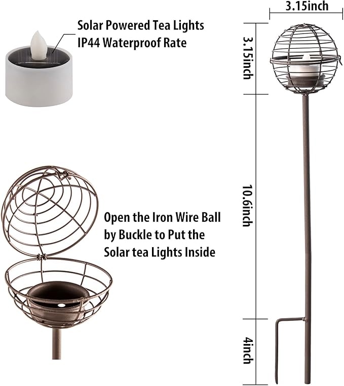 Solar Pathway Lights Outdoor, Rust Iron Ball Candle Holder Stake - Image 3