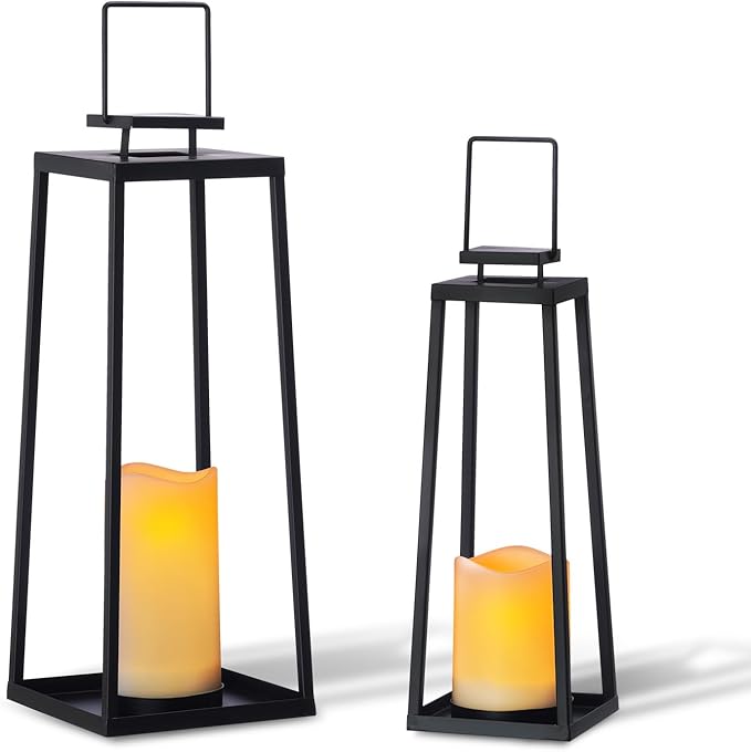 Solar Lantern Decorative Outdoor Set of 2 Modern Black Metal Lanterns by BAYN