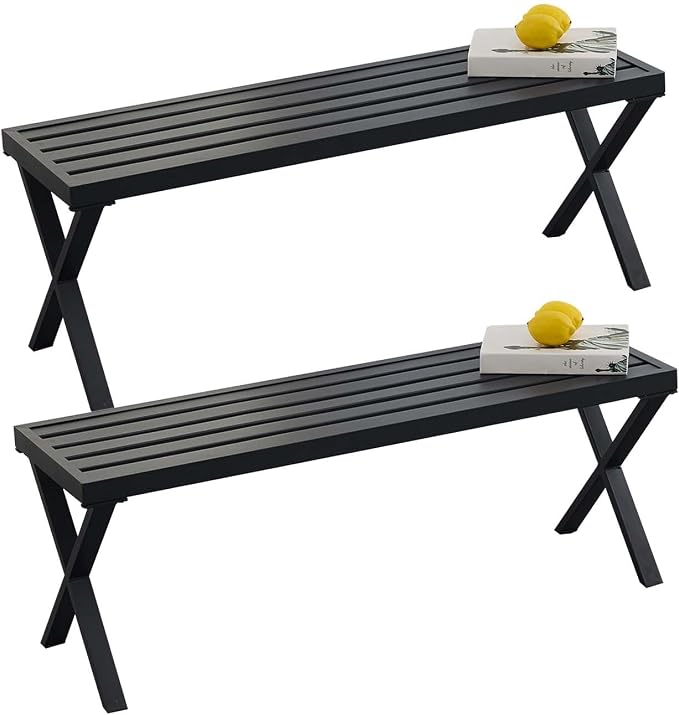 Outdoor Metal Backless Bench Set of 2, Weatherproof Patio Bench - Image 6