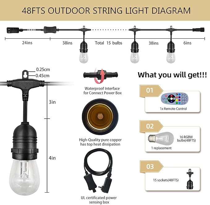 GANA Outdoor String Lights, Patio Lights 48FT Music Flash RGBW Colourful - Image 3