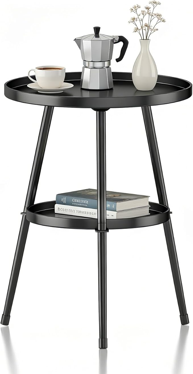 Side Table 2-Tier Small Round End Table Metal Black Accent Table by Unknown