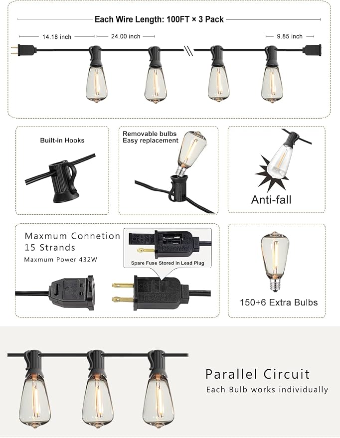 DAMAING String Lights for Outside 300FT shatterproof connectable Patio Lights - Image 6