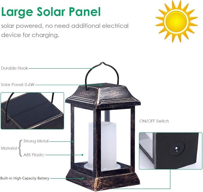 TomCare Solar Lights Metal Flickering Flame Solar Lantern Outdoor Hanging - Image 4