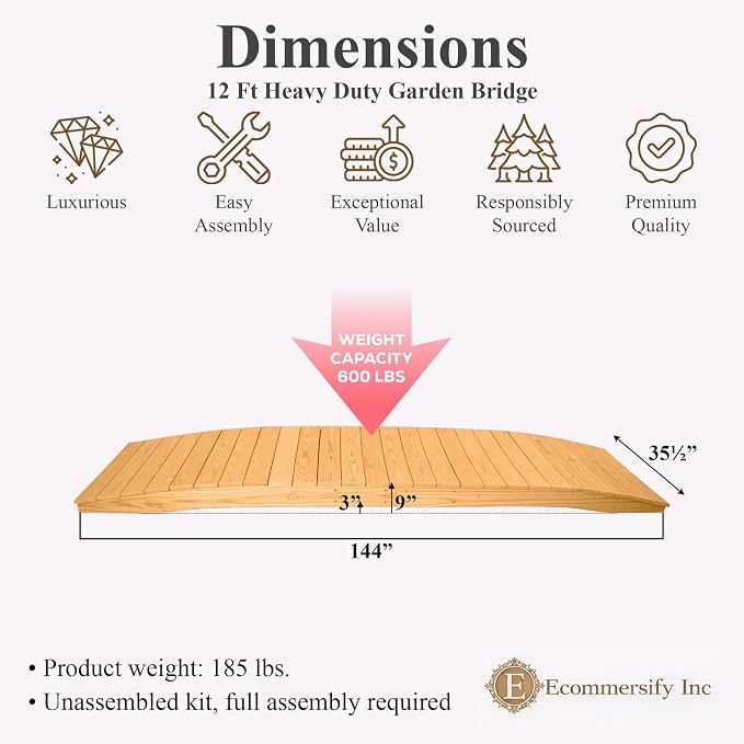 12 FT Oak Amish Made Pinewood Heavy Duty Garden Bridge - Image 2
