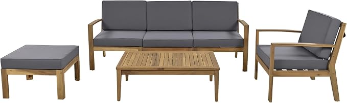 6-Piece Outdoor Patio Conversation Furniture Set, Acacia Wood Sectional Sofa Set - Image 4