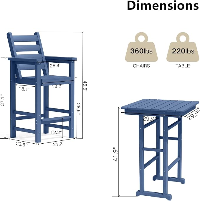 GLANC Adirondack Chairs and Table 3 Pieces Set, HDPE Balcony Bar Height Chairs - Image 7