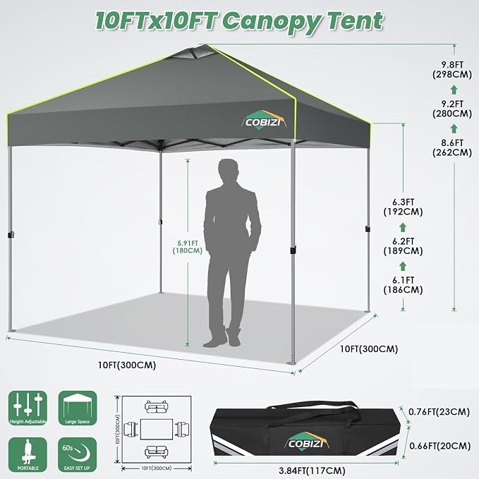 COBIZI 10x10 Pop Up Canopy Tent Without Removable Sidewalls, One Push Party - Image 3